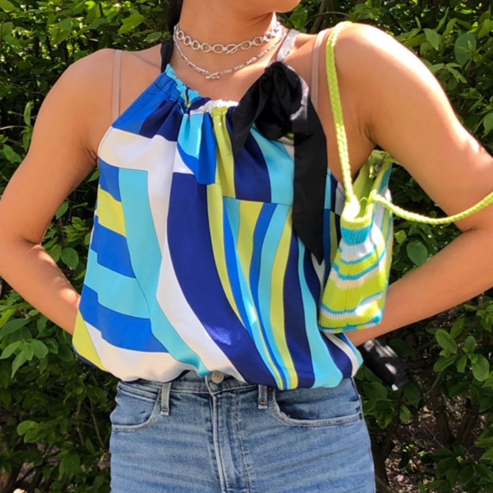 Silk cinch waist modern print tank top